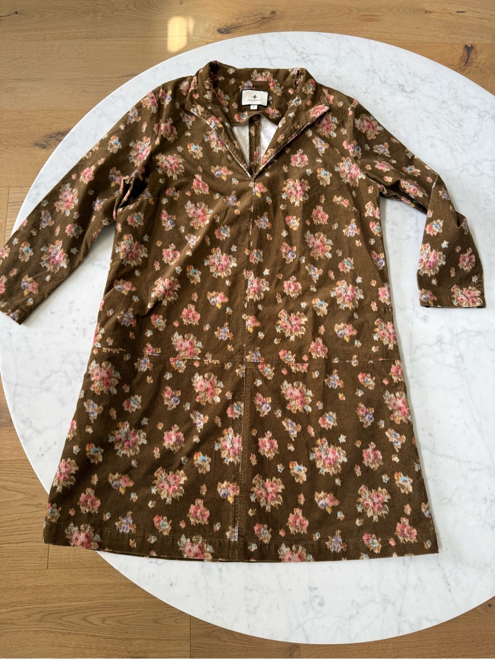 Tuckernuck Floral Corduroy Shift Dress Size S Brown Long Sleeve Mini Dress